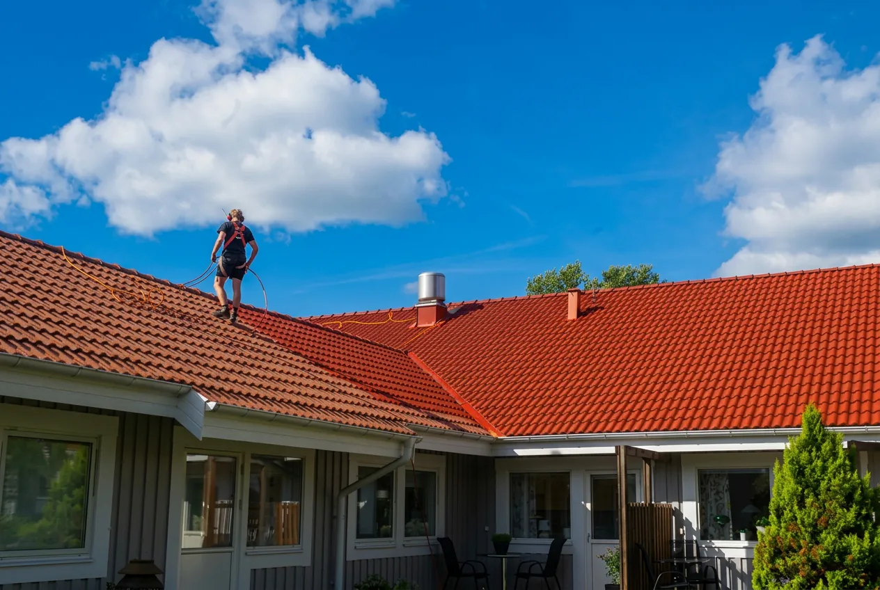 Takvård utförs på rött tegeltak av lokal takspecialist
